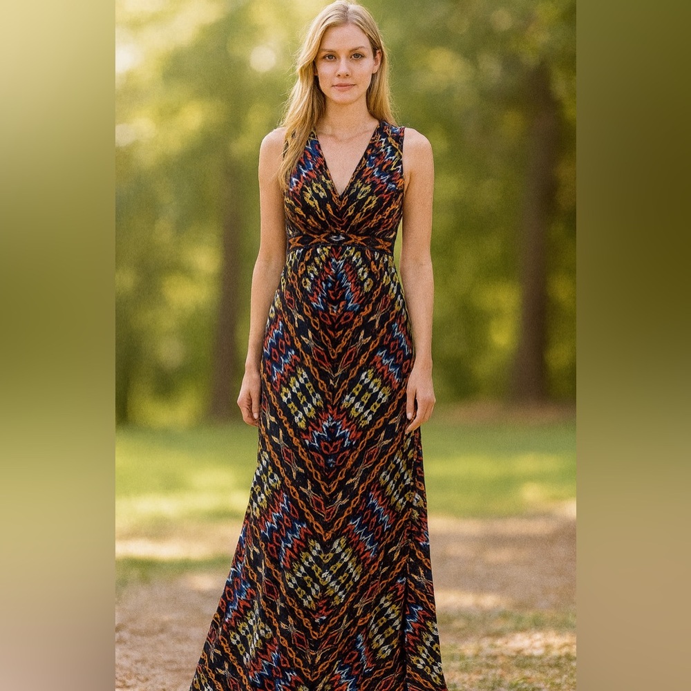 Chico’s Maxi women’s dress Sz 0  V Neck Chevron print